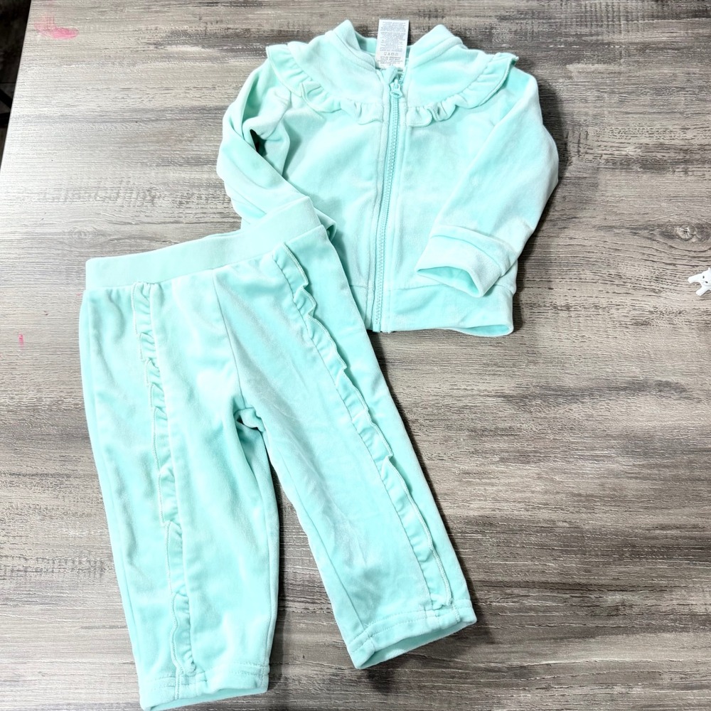 Wonder Nation Baby Girls Mint Green Velour Ruffle Zip Hoodie and Pants Set 6-9M